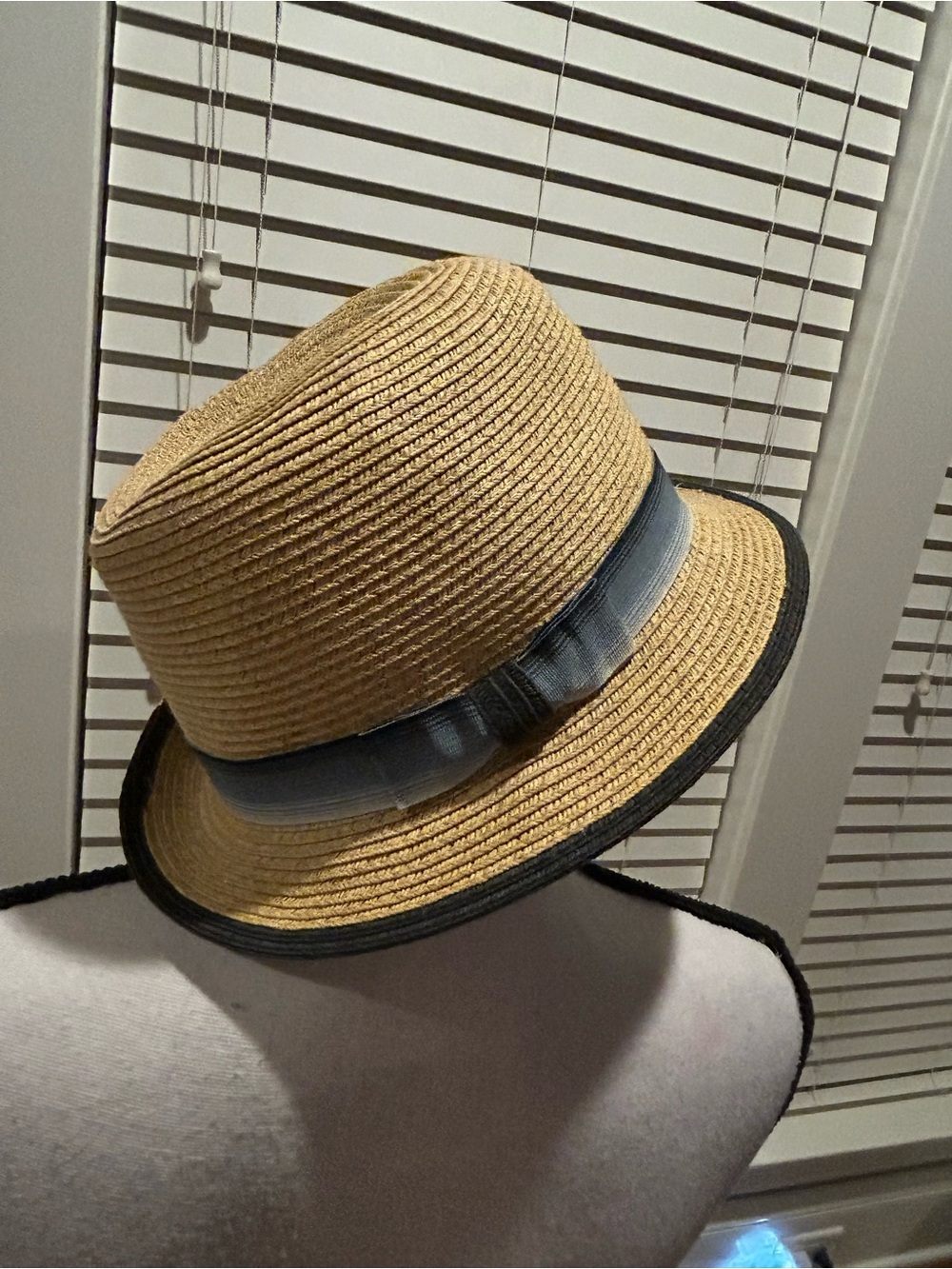 Scala Pronto Men's Straw Trilby Hat with Light Blue Band and Black Trim